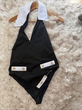 Caroline Constas Black and White Halter One-Piece Swimsuit